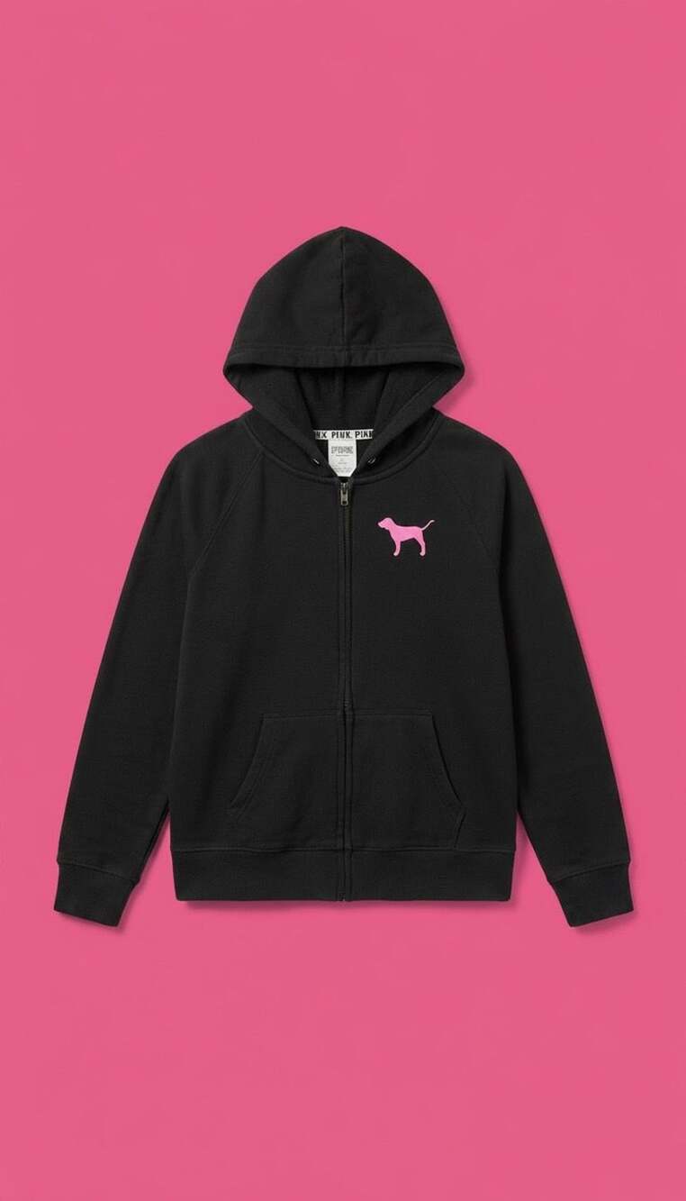 PINK Victoria's Secret Black Full-Zip Hoodie with Dog Logo and Love Pink on back